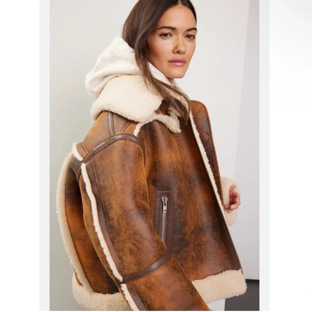 Stand Studio Lessie Faux Leather & Shearling Brown Cream Jacket size 36/US 4 NEW - Picture 2 of 12